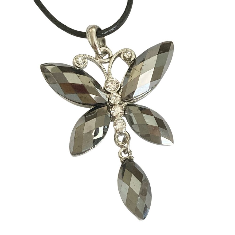 Vintage Black Acrylic Butterfly Necklace Pendant Silver Plated Jeweled Cut 18"